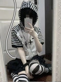 Cartoon Print Kawaii Harajuku Tee Shirts Women Y2k Casual Striped T-Shirt Tops Patchwork Zipper Hooded Gothic