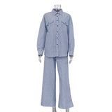 Zingj New Blue Striped Lapel Shirt Long Sleeve Wide Leg Pants Suit Loose Fashion Women's Wear-Outfit