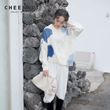 Japanese Fashion Women Sweater Pullover White Loose Knitted Jumper Color Block Sweater Winter Fashion