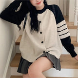 Zingj Wind Contrast Color Long Sleeve Sweater Cardigan Female Round Neck Shoulder Sleeve Show Thin Versatile Knit Jacket Coat Female-Outfit