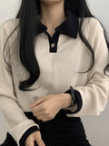 SUCHCUTE Solid Polo Knitted Top Tee Casual Autumn Winter Long Sleeve Women T-shirts Korean Fashion Button Up Preppy Style