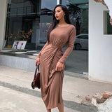 Summer autumn casual New Fashion Womens High Waist Korea High Waist Bow sexy Fold Full Sleeve Dress Dresses Maxi