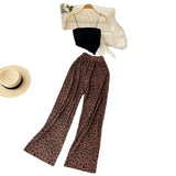 Zingj Girl Set Girl Strapless Strap Short Knit Top Print High Waist Wide Leg Trousers Two-Piece
