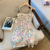 Lovely Elegant Allover Floral Lace Trim Tie Strap Dress Korean Style Chiffon Sleeveless Bandage Summer Holiday