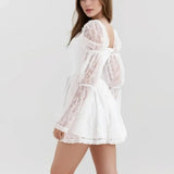 White Lace Long Sleeve Square Collar Mini Dress-Outfit