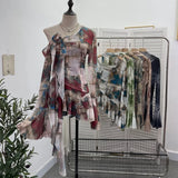 Spice Girls Inclined Shoulder Horn Long-Sleeved T-Shirt Around The Neck With Flowers Lotus Leaf-Lace Mesh Yarn Women