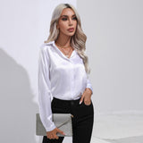Autumn Satin Shirt Women V Neck Long Sleeve Office Shirt Blouses Ladies Black White Silk Loose Shirts For
