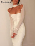 Zingj Mesh Long Sleeve Long Dress Women Outfit White Club Party Midi Dresses Gown Female Fashion Elegant Bodycon Vestido 211-1-Outfit
