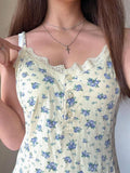 y2k Small Floral Mini Dress Lace Button A-Line Sundress Cute Sweet Spaghetti Strap Pleated Dress Women Beach
