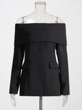 Retro Wind Autumn 2025 New One-Word Collar Long Sleeve Closed Waist Solid Color Medium Long Buckle Small Suit Jacket