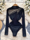 Sexy Sheer Women Bodysuits Mesh Patchwork Slim Bodycon 2024 Spring New IN Streetwear Skinny Night Club Party
