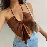 Sexy Strappy Brown Halter Crop Top Women Summer Backless Cami Tops Tees Ladies Fashion Fitness Camisole