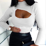 Women Long Sleeve Round Neck T-Shirt Skinny Tops Chest Cut Out Sexy Black Crop Top Autumn Tee Shirt Cropped