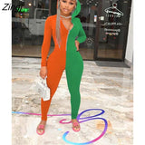 Casual Patchwork Jumpsuit For Streetwear Women One Piece Fall Outfits 2022 Hooded Zipper Long Sleeve Bodycon