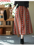 And Linen Retro Printed Skirt Women's 2022 Spring And Summer New Oversized Loose Elastic Waist A-line Skirt