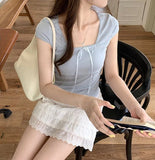 Lace Trim Square Collar Bow Short Sleeve Tee-Outfit