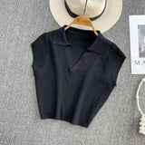 Zingj Summer Korean V-Neck Collar Shows Slim High Waist Slim Short Sweater Top 18-24 Years Old