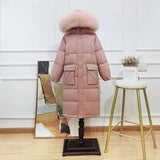 Winter Loose Windbreak Long Coat Women Real Natural Fur Hooded Jacket 90% White Duck Down Coat Thick Warm Snow