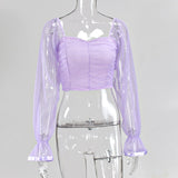 Polka Dot Blouse Women Mesh Shirts Pink Tops Sweet Neckline Lantern Sleeve Ruched Blouse White Blusas Vintage