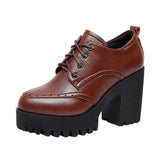 Brown Bullock Women's Shoes With English Carved Small Leather Shoes Thick Heel High Heel Waterproof Table Round Head Deep Mouth Single