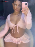 Puss Sexy Beach Vacation Women 2Piece Set Breathable Flare Sleeve Crop Top+Pleated Shorts Matching Party Clubwear