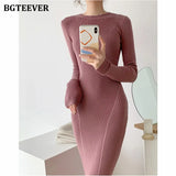 O-neck Slim Sweaters Bodycon Dress for Women 2021 Autumn Winter Knitted Vestidos Femme Full Sleeve Midi Female