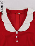 Summer Casual Flare Dress Retro Vintage Solid Red Patchwork Robe De Cocktail Party Office Robe Rockabilly Dresses