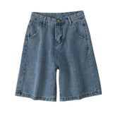 2021 New Summer Women High Waist Blue Wide Leg Denim Shorts Casual Female Solid Streetwear Stright Jeans Bermuda