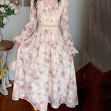 Hollow Chiffon Sweet Dress Women Print Korean Fashion Floral Dress Female Flare Sleeve Patchwork Party Retro Dress