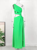 Fashion One Shoulder Green Long Dress Women Hollow Out Bodycon Summer Beach Dresses Side Split Wedding Party Vestidos