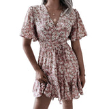 Women Dresses chiffon summer Sexy V Neck Floral Print Boho Beach Dress Short Sleeve A Line Mini Dress Wrap