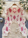 Fashion Tie-Dye Autumn Top Women O Neck Long Sleeves Tassel Hollow Out Loose Blouse Streetwear Beach Knitted