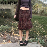 Fairy Grunge Aesthetics Brown Mesh Midi Skirts Y2K Streetwear Low Waist Printing A-line Skirt Elfcore Outfits Retro
