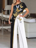 Fashion New Printed Wide Leg Pants Romper Elegant Female Loose Long Office Overall Commute Slash Neck Women Sexy