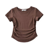 Zingj Trendy Women's Wear Summer New Wrinkled Round-Collar Blouse Shows Slim, Tall Waist, Short Style Navel Short-Sleeved