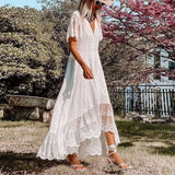 2022 Women Boho Maxi Dress Floral Embroidery Single Breasted Summer Vocation White Lace Sexy Tunic Long Beach