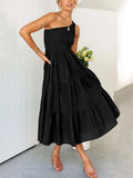 Summer Green Long Dress Women Elegant One Shoulder Dress Ladies Floral Print Maxi Party Pleated Dress For