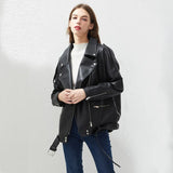 PU Faux Leather Jacket Women Loose Sashes Casual Biker Jackets Outwear Female Tops BF Style Black Leather Jacket