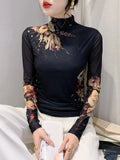 New Long Sleeve T-shirt For Women Floral Turtleneck High Stretch Slim TShirts Located Printing Mesh Tops