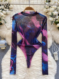 Tie Dye Sheer Sensual Bodysuits Women O Neck Long Sleeves Transparent Slim Blouse Fashion Y2K Mesh Print
