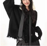 Design Feels Gray V-Collar Destroys Knitting Lazy Sweater Coat Women's Leisure Medium-Length Spring And Autumn Cardigan