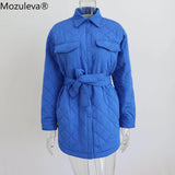plaid Quilted Jacket Women Loose Thin Puffer Parkas Coat Vintage Belted Outwear Autumn Winter Ladies Oversize