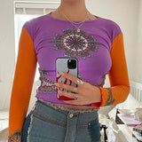 Vintage Fairy Grunge Crop Top Flare Sleeve Autumn Spring Female T-shirt Y2K Graphic Print Kawaii Tee Shirt Women