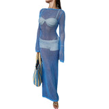 Women's Summer Long Knit See-through Beachwear Solid Color Flare Long Sleeve O Neck Hollow Backless Cover Up