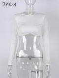 2022 Diamond White Long Sleeve Crop Top Women Fashion Elegant Autumn Winter 90s T Shirts Sexy Casual O