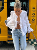 Ruffles Tie Up Blouse Shirts Women V Neck White 2022 Summer Elegant Long Sleeve Top Shirt Casual Sexy Fashion