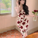 Elegant Vintage Midi Spaghetti Strap Rose Dress For Women Maxi Fashion One Piece Bodycon Beach Party Robe