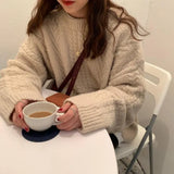 Zingj Thick Twist Pure Color Loose Sweater Female Autumn Dong New Round Collar Lazy Wind Sweater Jacket-Outfit