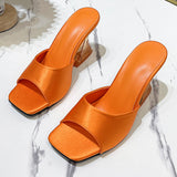 Zingj High Heel Slippers Female Summer Square Head Solid Color A Word Wear Fashion Versatile Ladies Large Size