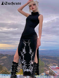 SUCHCUTE Gothic Print Midi Dress For Women Summer Turtleneck Dark Academia Fashion Long Dress Harajuku Sleeveless Black